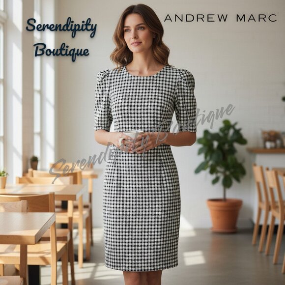 Andrew Marc Houndstooth Pleated Puffed Sleeve Round Neck Midi Sheath Dress - Picture 3 of 9